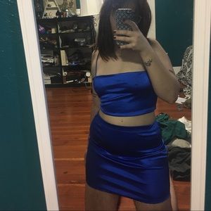 Cobalt Blue Satin Matching Crop Top w Mini Skirt